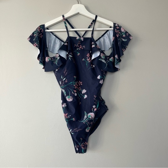 NWT JustFab Cold Shoulder One Piece Navy Floral Swimsuit Small - Picture 1 of 10